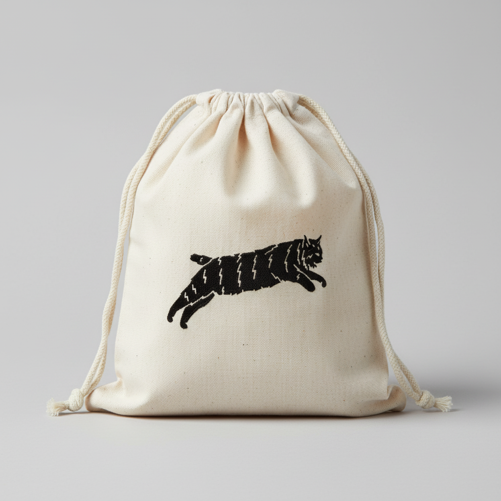 Off-white cloth gift bag with Team Dream bobcat