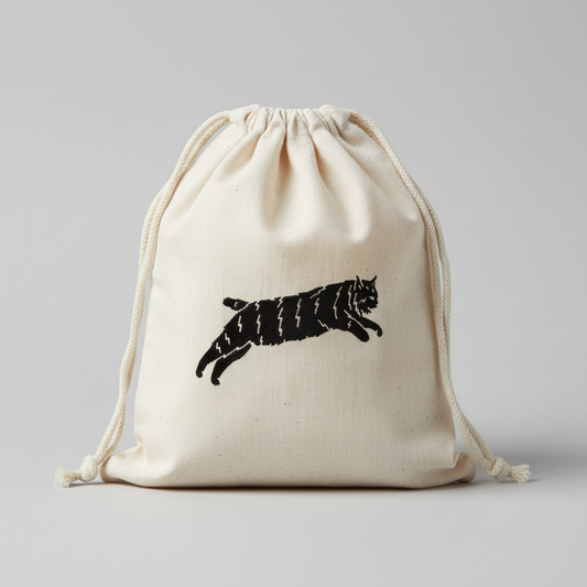 Off-white cloth gift bag with Team Dream bobcat